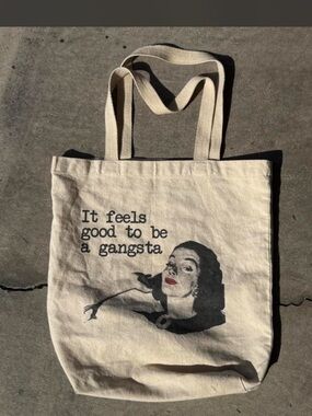 Cream Canvas Tote with Retro Graphic and Red Lip Accent
